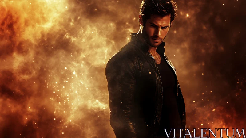 Brooding man in leather jacket against fiery orange smoke.
