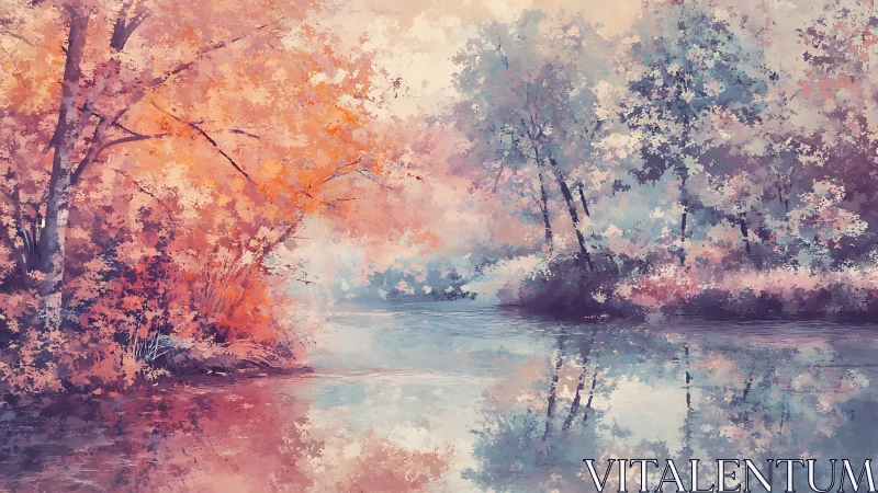 Riverbank trees display pastel foliage reflected in calm water