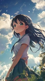 Anime schoolgirl in uniform standing under bright sky.