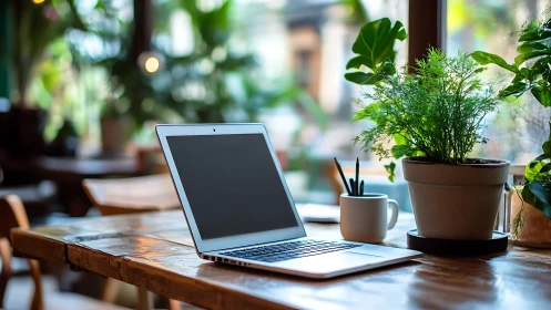Cozy laptop nook with sunlit plants and calm workday vibes.