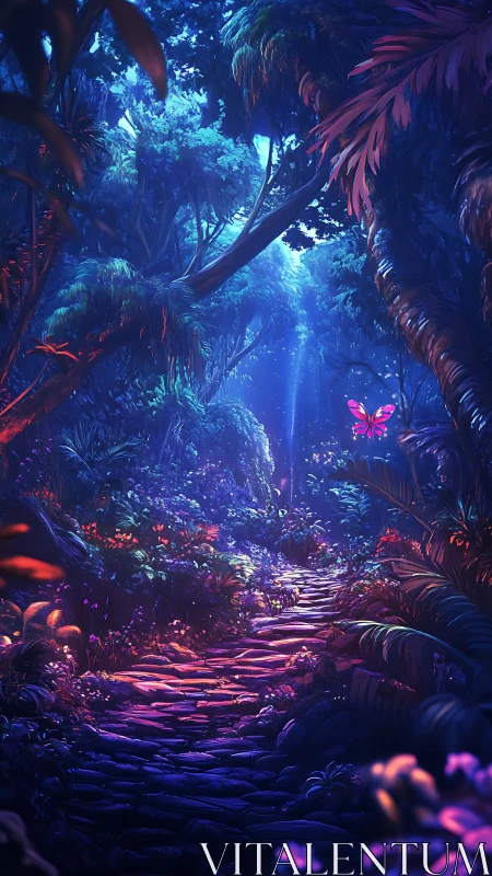 Luminous forest path under bioluminescent twilight canopy