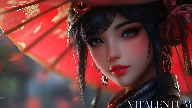 Geisha portrait under red parasol in luminous close-up.