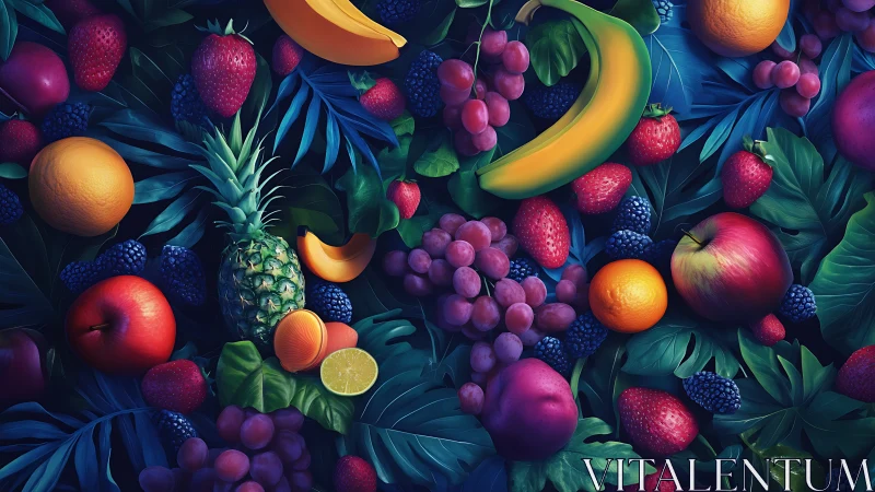 Lush neon fruit medley on deep teal tropical foliage backdrop.