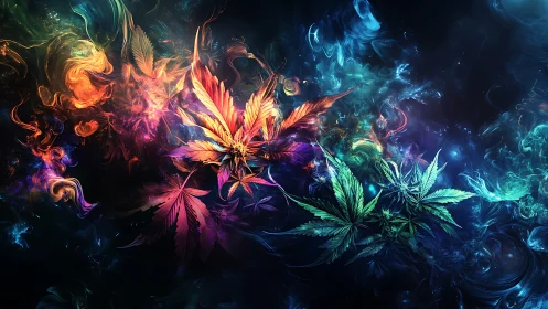 Psychedelic nebula garden where cosmic cannabis blooms.