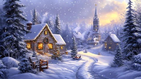 Snowy Christmas village glows under soft golden twilight.
