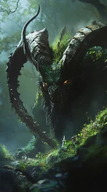 Colossal forest demon looms over lone adventurer in mist