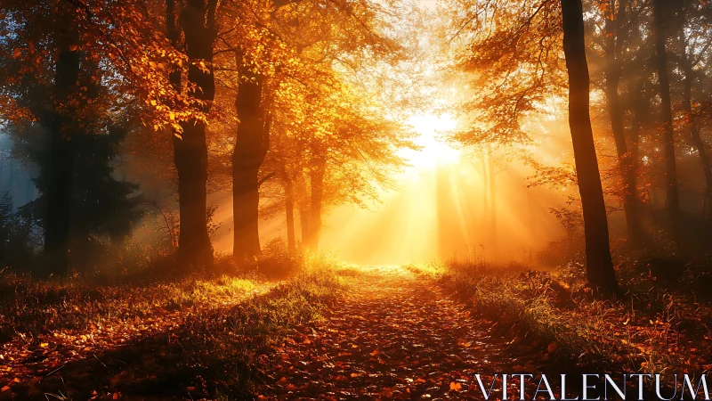 Sunlit autumn forest path with dense orange foliage canopy.