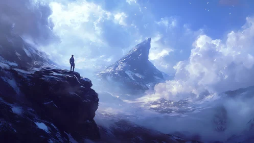 Solitary dreamer gazes toward a distant sunlit mountain peak