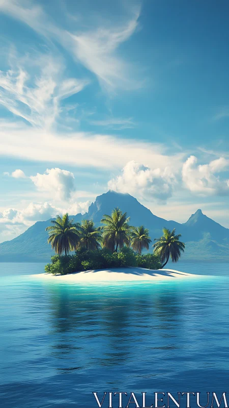 Tropical Island Paradise with Mountain Backdrop.