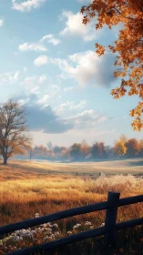 Golden pasture morning under wandering cotton clouds.