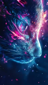 Neon cyber cat gazes into swirling electric night light