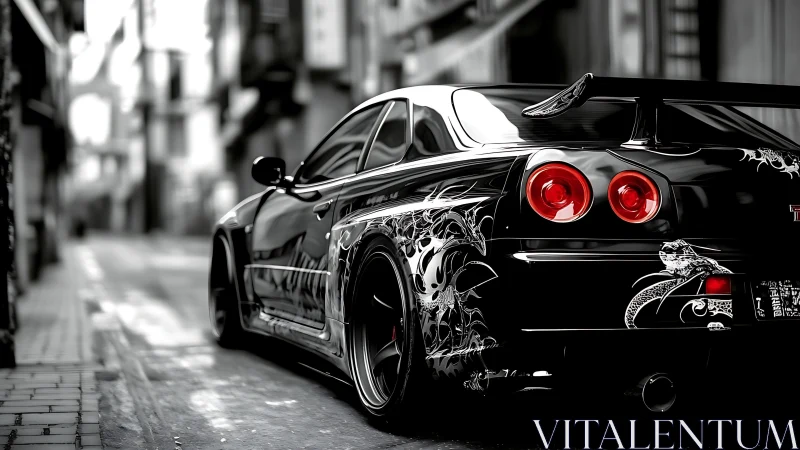 Black tuner coupe with dragon livery in narrow city alleyway.