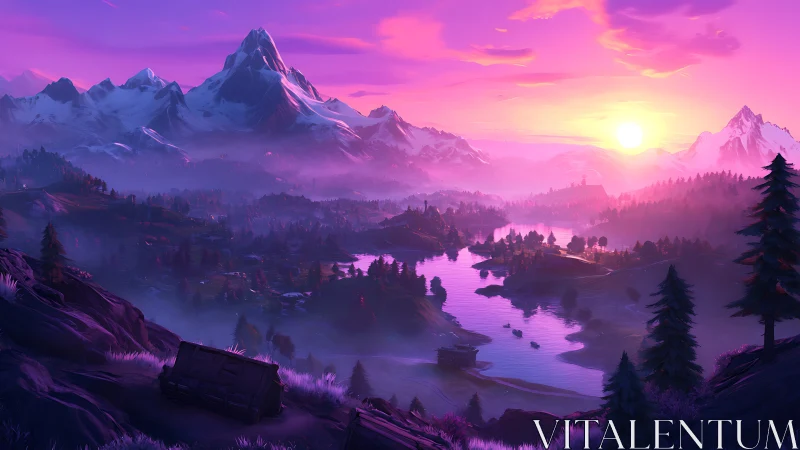 Radiant magenta sunset over stylized mountainous river valley panorama