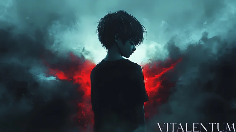 Solitary silhouetted child in cyan mist with crimson energy bloom