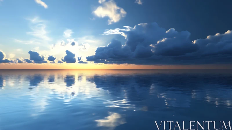 Dramatic sunset clouds drift over a tranquil reflective sea.