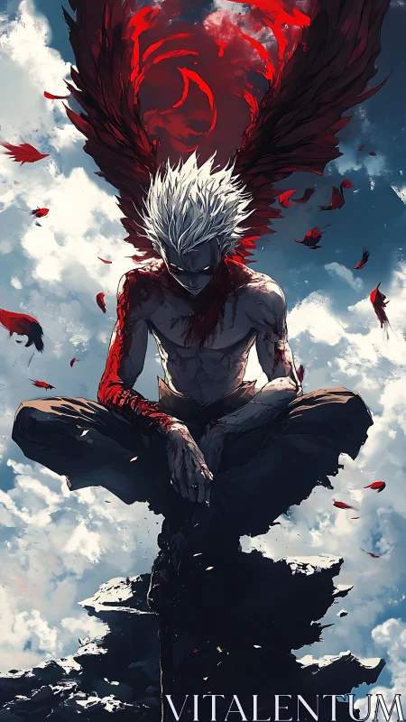 Bloodwing exile meditating above the shivered sky pillar.