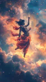 Digital painting of celestial dancer in luminous storm clouds.