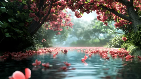Cherry blossom river glows beneath a tranquil floral canopy.