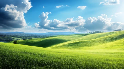 Sunlit velvet hills breathe beneath a drifting summer sky.