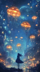 Glowing sky jellyfish drift gently above a dreaming city