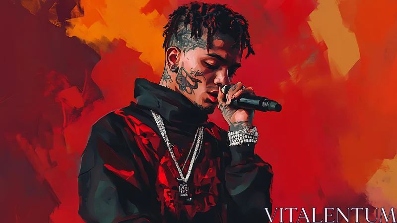 Digital portrait of rapper performing on vivid red stage.