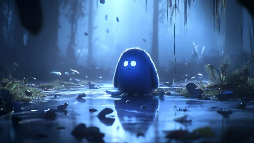 Glowing creature on misty forest pond at nightfall.