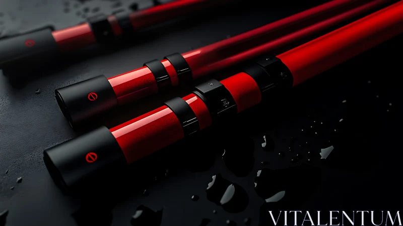 Wet studio closeup of red tubular lights on black surface.