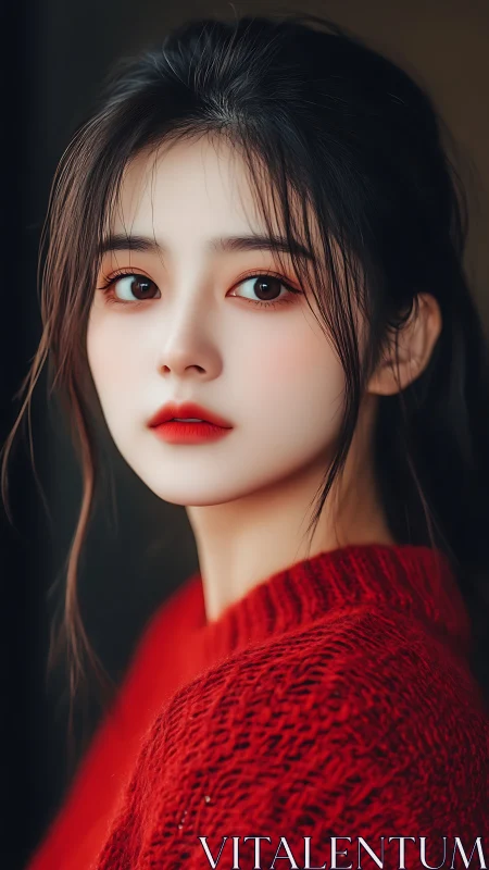 Portrait of young woman in red textured sweater, side view.
