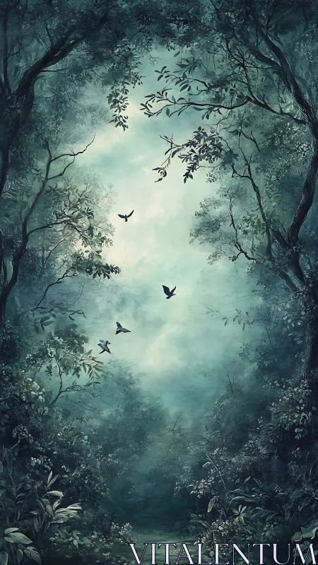 Verdant misty forest corridor frames silhouetted ascending birds