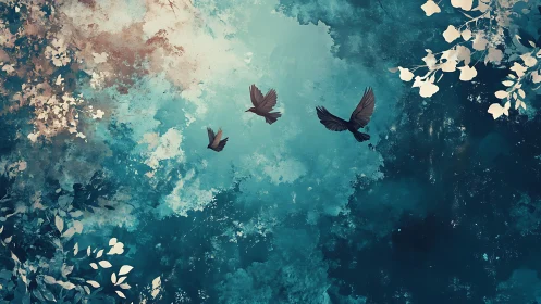 Three silhouetted birds cross a textured blue foliage sky