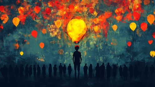 Silhouetted figure beneath luminous balloons in abstract night sky