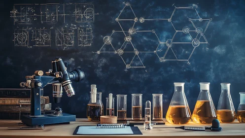 Laboratory bench shows microscope, glassware, and chalk diagrams