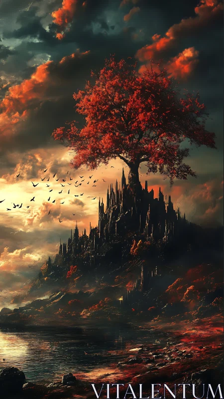 Crimson tree crowns a spired citadel above dusk-lit shoreline