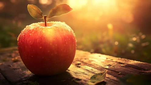 Red apple with dew on wooden surface in warm sunset light.
