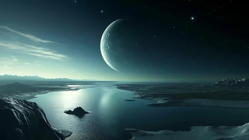 Alien moon dominates icy coastal landscape under stars
