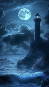 Moonlit lighthouse on storm-carved cliff with high-contrast rim lighting