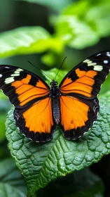 Orange and black butterfly resting on textured leaf.