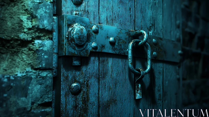 Rusted chain and padlock secure weathered wooden door