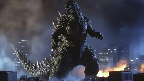 Giant reptilian creature in night city destruction scene.