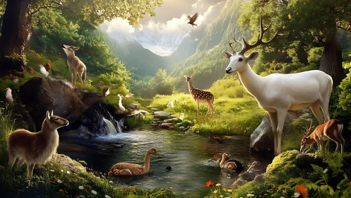 Luminous deer and wildlife congregate at alpine forest stream.