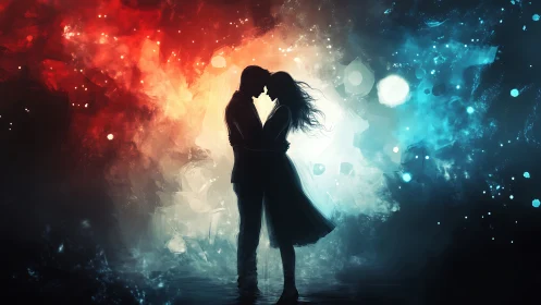 Silhouetted Couple Embracing Within Dramatic Luminous Field Composition