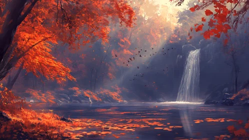 Landscape composition with autumn foliage, waterfall, and atmospheric lighting.
