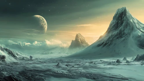 Lone astronaut wandering icy alien peaks at green dawn.