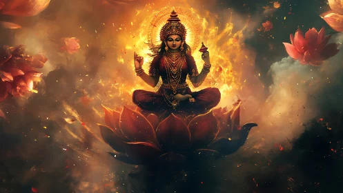 Divine goddess on blazing lotus amid celestial petals.