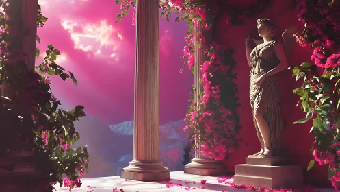 Winged marble statue in pink sunset neoclassical terrace.