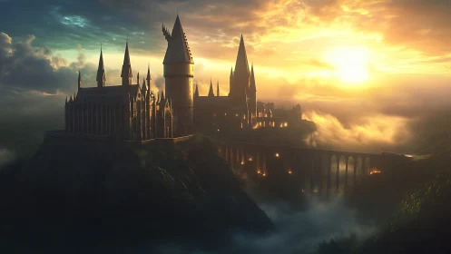 Sunlit fortress complex stands above mist-filled valley