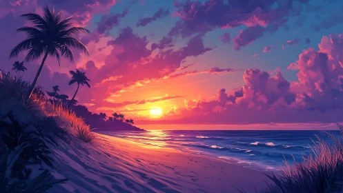 Tropical twilight paints clouds while waves polish quiet sand