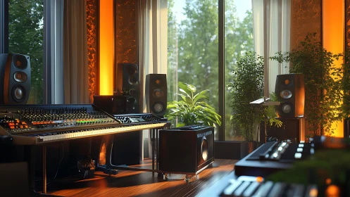 Sunlit music studio blending lush greenery and glowing sound.