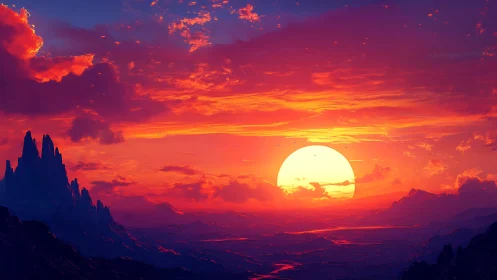 Radiant alien sunset over glowing valleys and spires.