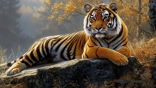 Calm autumn tiger resting proudly on a sunlit forest rock.